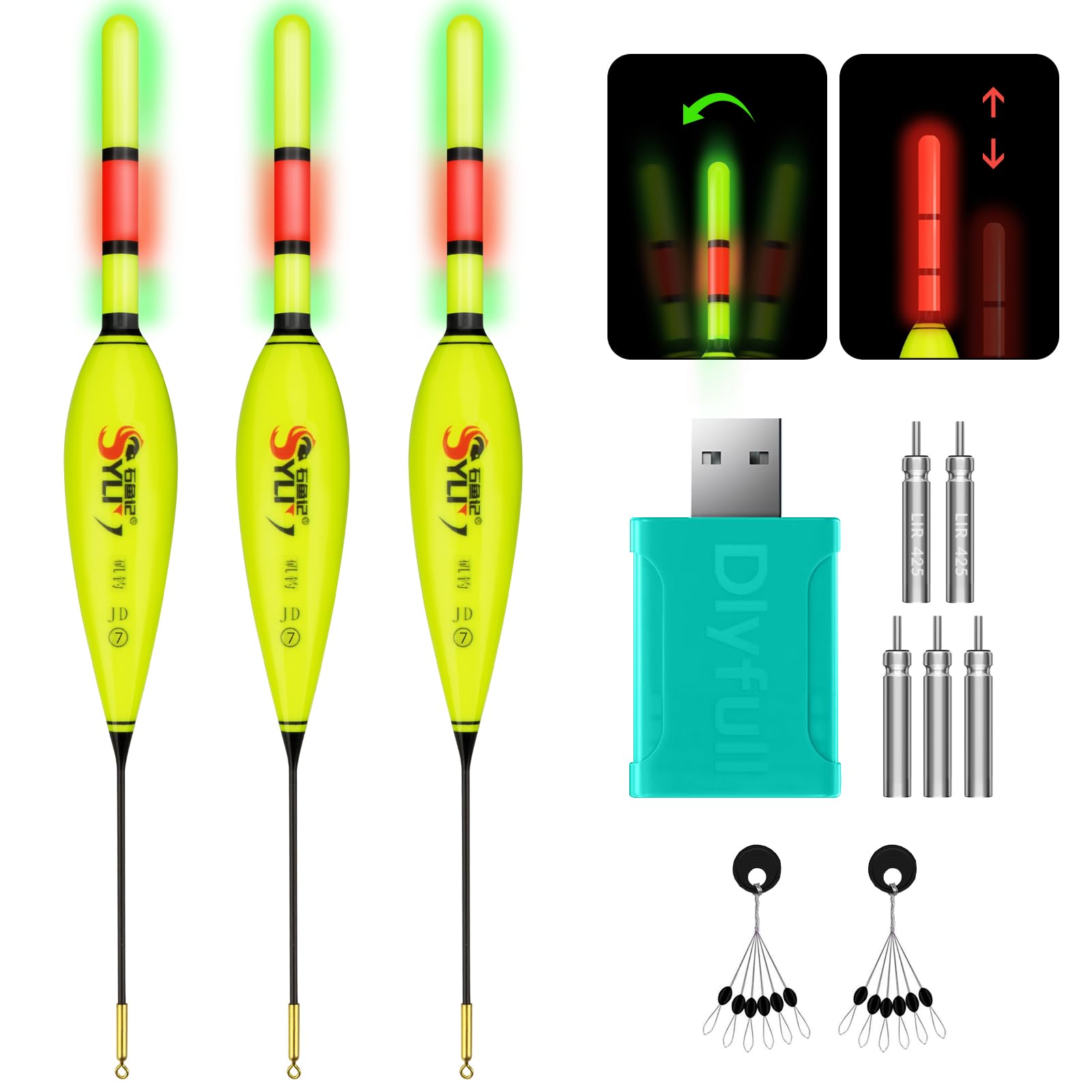 QualyQualy Set of 3 LED Fishing Floats with Charger and Battery, Colour Changing Light Floats Set for Day and Night, Fishing Accessories, Pike Float, 20 cm, 19.5 cm, 21 cm (Yellow-16g)