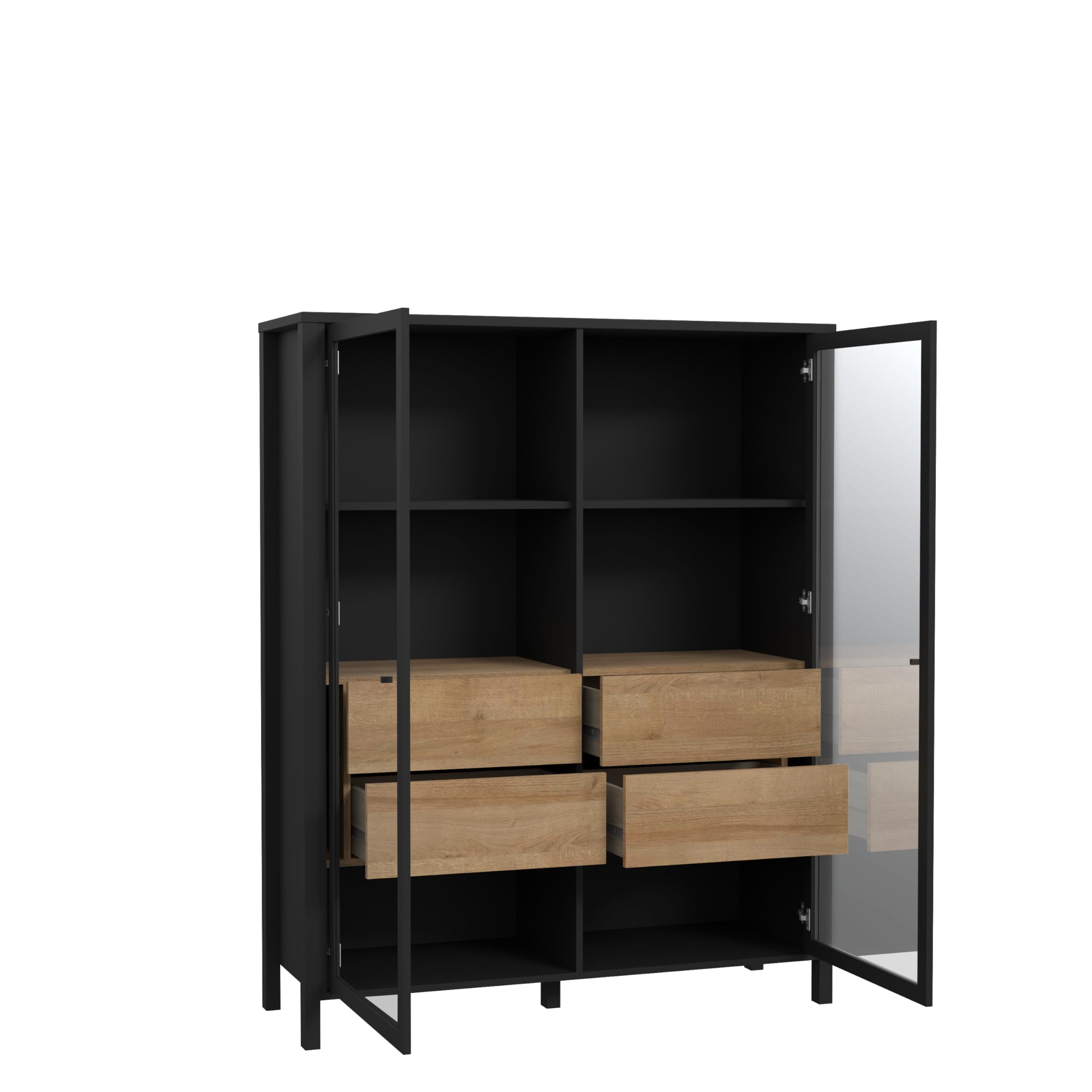 Forte HIGH Rock Vitrine 120, Moderne Standvitrine, 2 Glastüren, Vitrinenschrank, Wohnzimmervitrine, Holzwerkstoff, Schwarz/Riviera Eiche Holzwerkstoff, 121,3 cm breit x 152,3 cm hoch x 40,2 cm tief