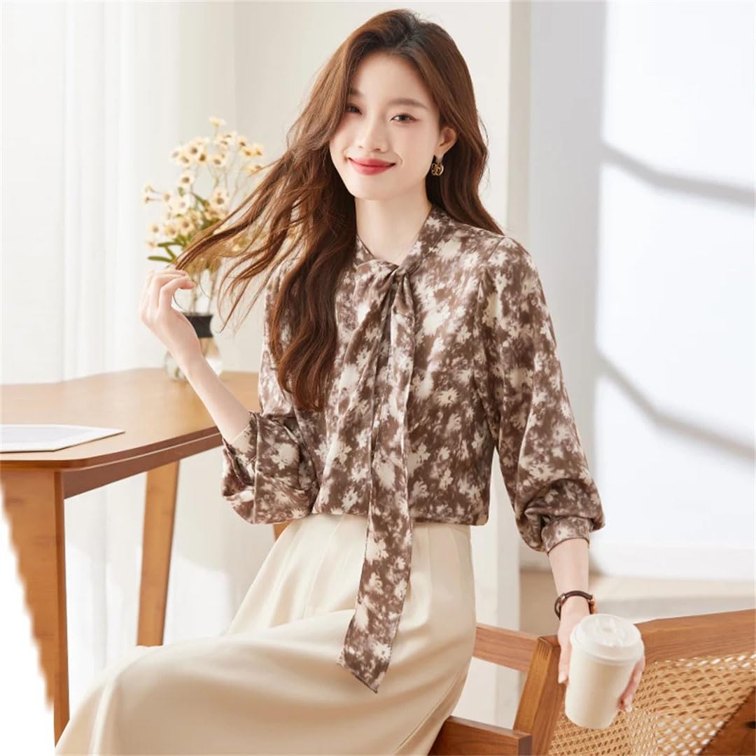 Elegante blusa de gasa estampada de manga larga para mujer, cuello redondo, con cordones