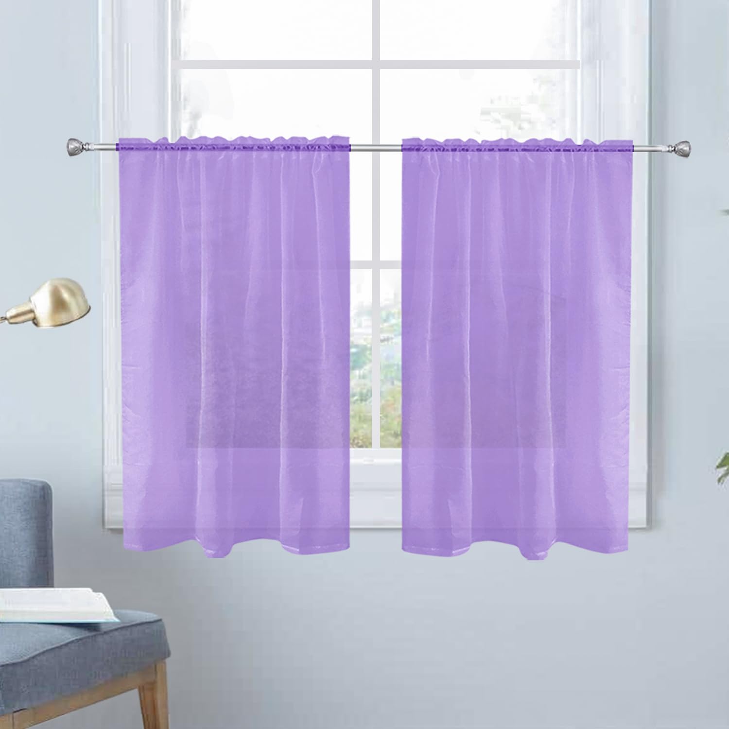 SpaceDresser Basic Rod Pocket Sheer Voile Window Curtain Panels Lavender 1 Pair 2 Panels 26 Width 24 Inch Long for Kitchen Bedroom Children Living Room Yard（Lavender，26Wx 24L）