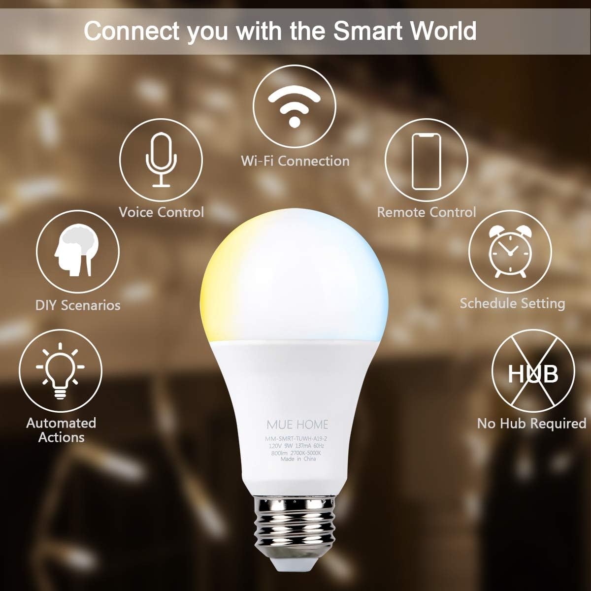 Black Friday 🔥 Smart WiFi 2.4 Ghz (NOT 5 Ghz) A19 Light Bulb, Dimmable LED Tunable White from 2700K to 5000K, Work with Alexa, Google Home (No Hub Required), E26 Base 9.5W, UL Listed by Mue Home, 4 Pack