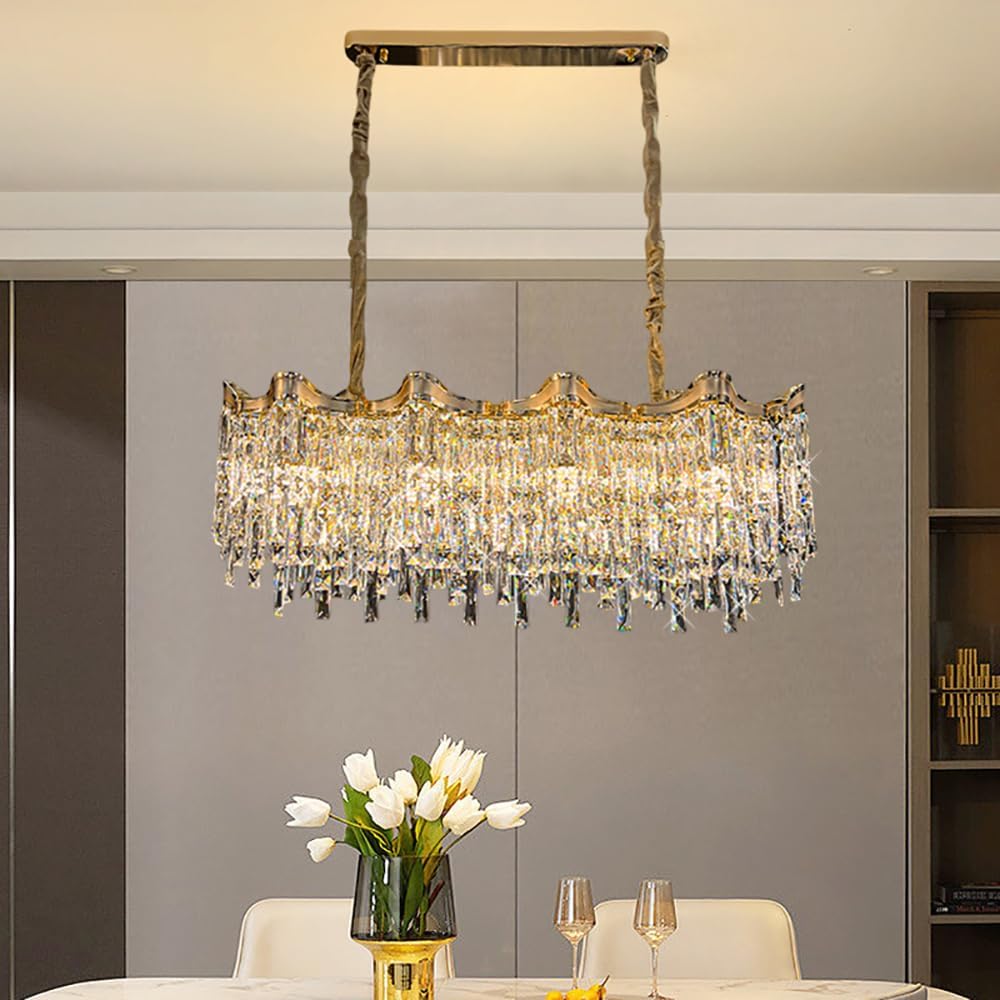 Modern Crystal Chandelier, 38 inch Ceiling Lights Flush Mount Gold Pendant Light Fixture for Bedroom Living Room Dining Indoor Lighting,Hanging Lamp Close to Ceiling Light,Included Bulb