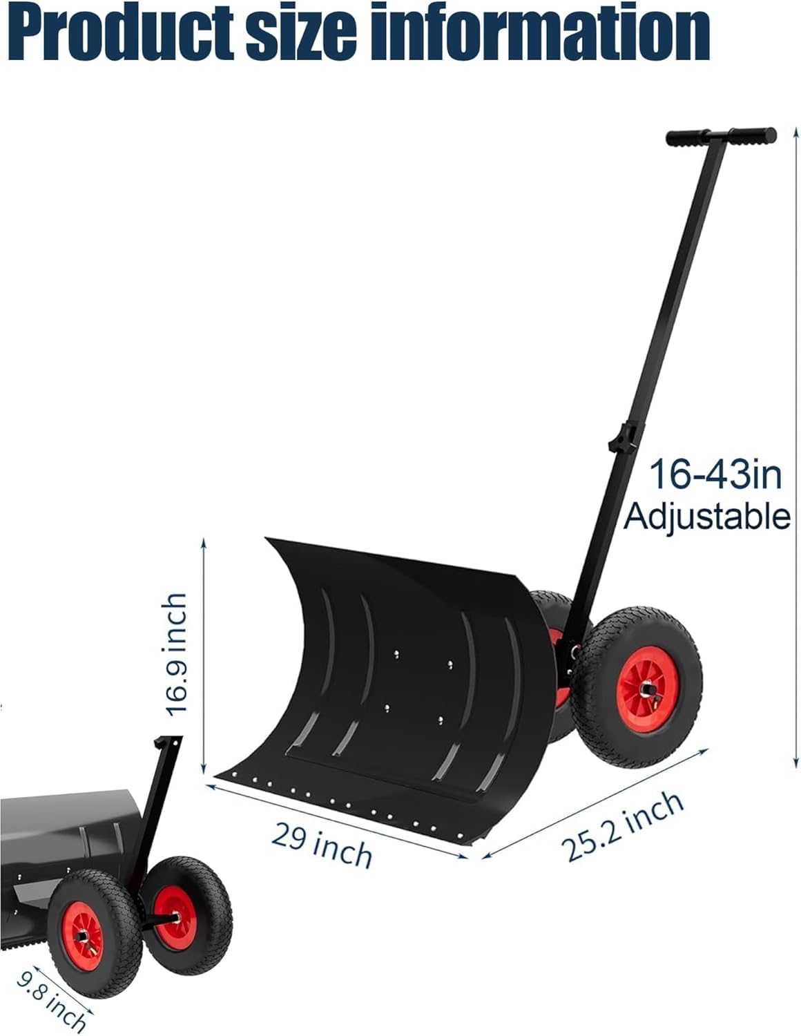 ELEFOCUS Rolling Snow Pusher, Heavy Duty Snow Shovel with Adjustable Height Handle and Directional Blade for Driveways(75x43cm/29x17in)