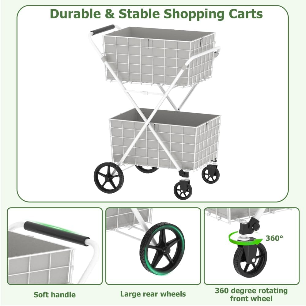 Extra Large 2-Tier Shopping Cart with Wheels, Foldable Grocery Cart with Double Baskets and Waterproof Liner for Home Kitchen Use (White + Metal + Oxford Fabric)