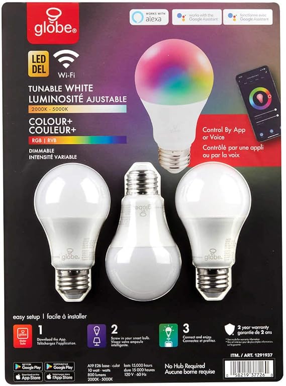 Globe Electric LED A19 RGB Smart WiFi Bulb Amazon.ca Tools & Home