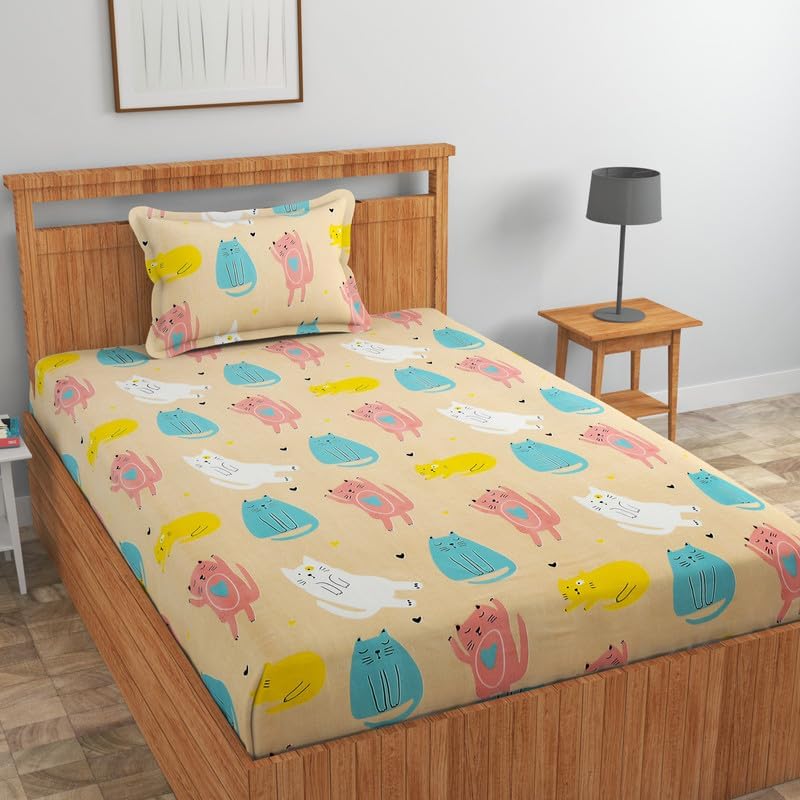 Image of RD FABS Glace Cotton Wrinkle Free Soft Hypoallergenic Single Bed Sheet with 1 Pillow Cover | Cartoon Printed Kids Bedsheet for Boys & Girls Room | 60x90 Inches | Cream Cat | 144 tc