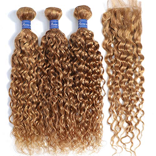PUROMI 10A Garde Brazilian Water Wave Hair Bundles With 4x4 Lace Closure 100% Human Hair Extensions #27 Honey Blonde Color Hair Weave with Closure