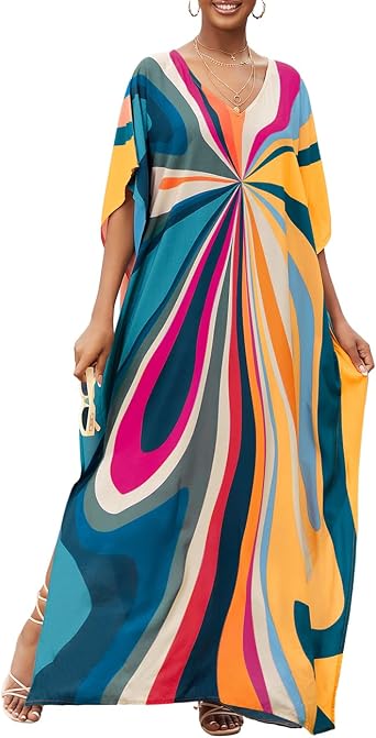 Bsubseach Kaftan Dresses for Women V Neck Batwing Sleeve Plus Size Caftans Swimwear Coverups Maxi Beach Dresses