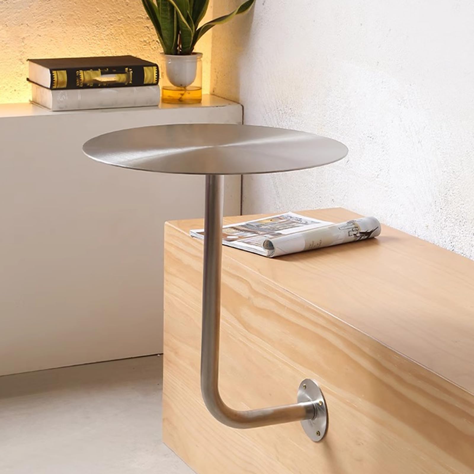 Mesa de centro redonda de pared de acero inoxidable, resistente a los arañazos, diseño que ahorra espacio para salas de estar, cafeterías, bares, cocinas y pasillos, muebles elegantes y funcionales