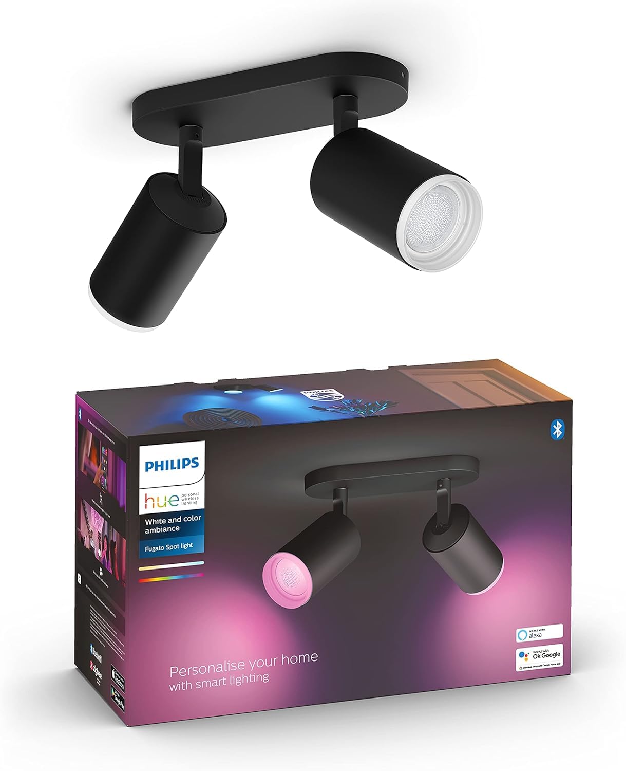 Philips Hue White & Color Ambiance Fugato 2er Spot, schwarz 2x350lm, dimmbar, 16 Mio. Farben, steuerbar via App, kompatibel mit Amazon Alexa (Echo, Echo Dot), neue Generation