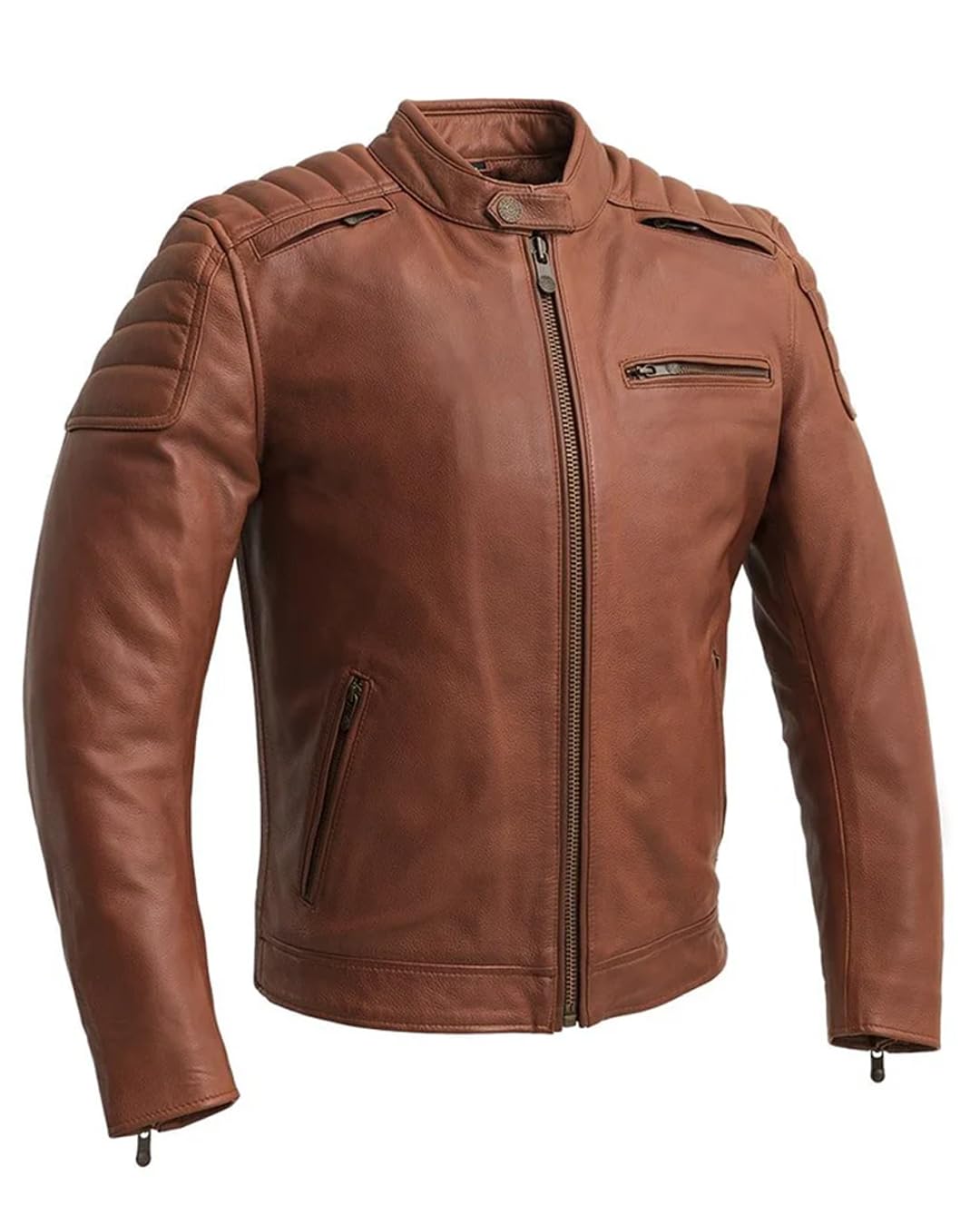 First Mfg Co - Crusader - Mens Motorcycle Biker Riding Brown Beige Leather Jacket Action Back Armor Pockets