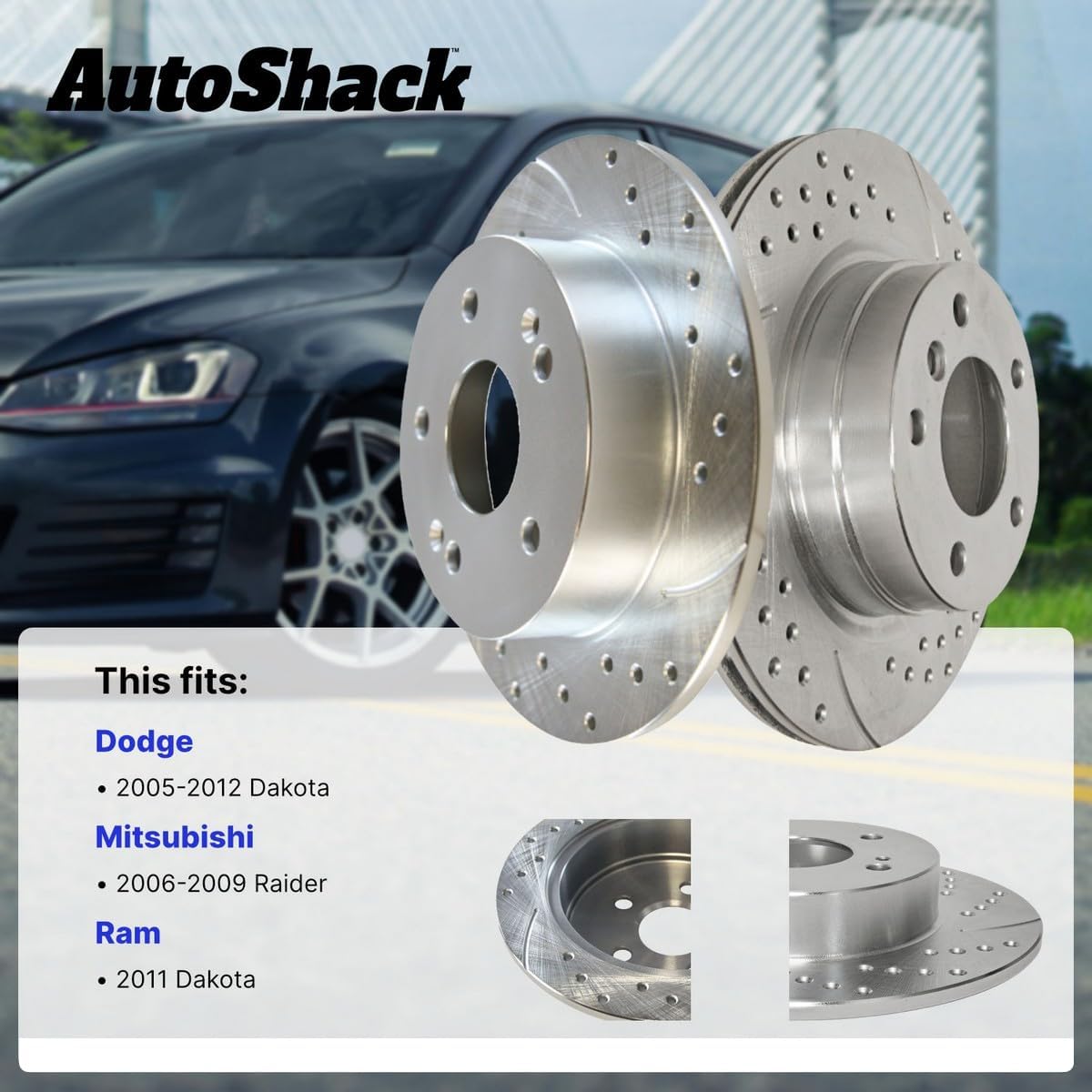 AutoShack Front Brake Rotors for Dodge & Ram, Dakota 2005-2010 Dakota 2011, 4WD RWD V6 3.7L V8 4.7L - Silver Zinc Coated Drilled & Slotted - SilverShield Pro - 12.28" (312 mm), 5-Lug
