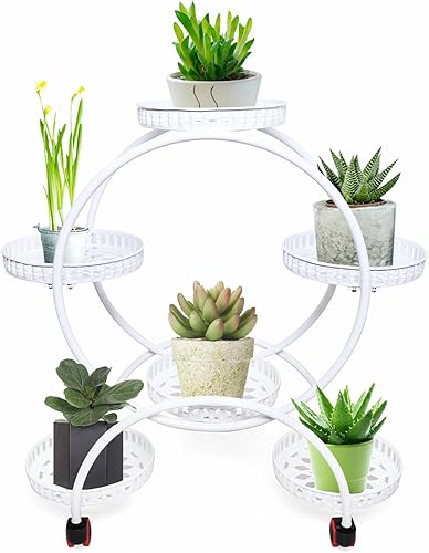 Miniatura 1 de Soportes de metal para plantas, soporte para 6 macetas con ruedas, soporte para macetas de flores, soporte para plantas al aire libre, uso en patio,