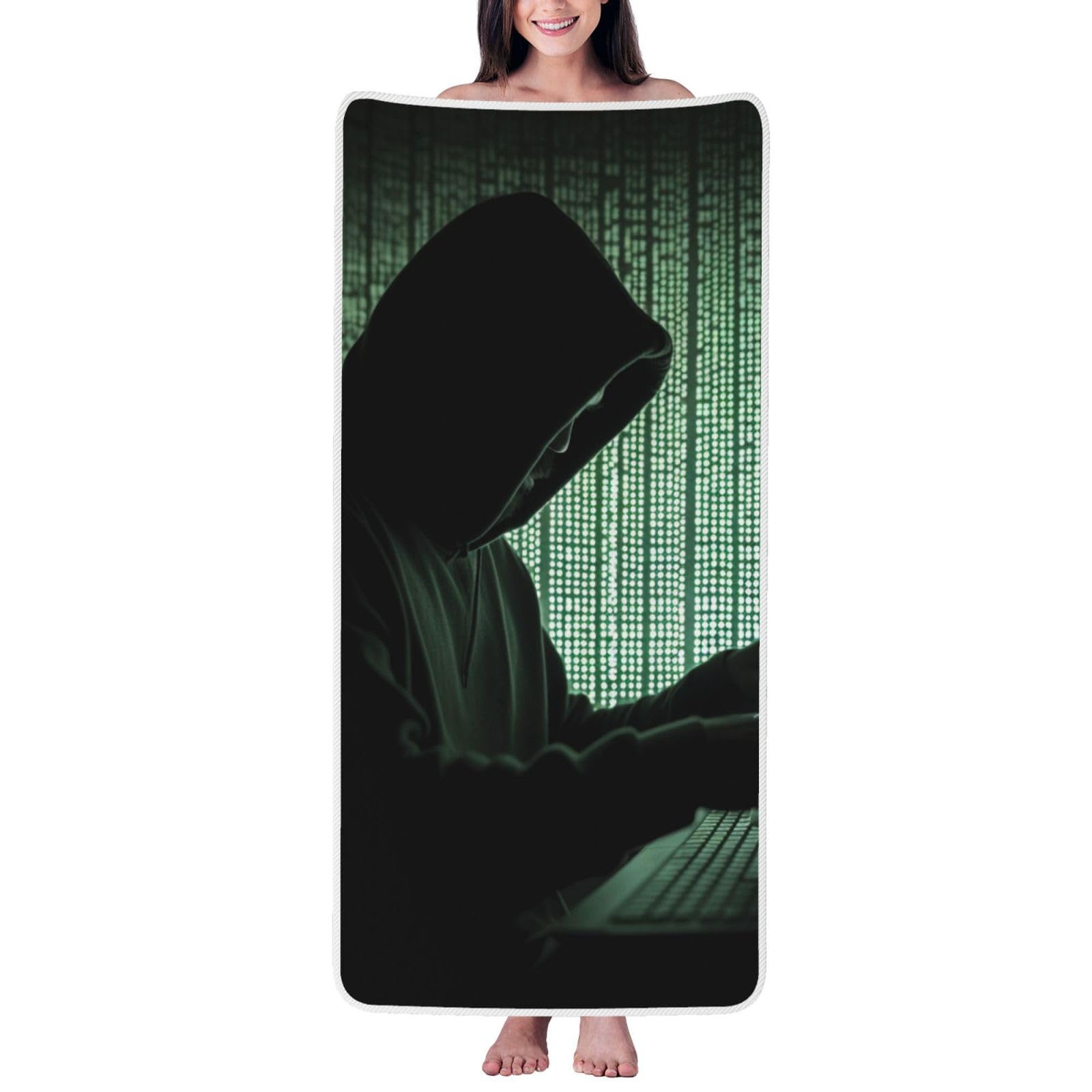WPKJU Hacker Attack Printed Bath Towel with White Edging - 27x55 in Soft Extra Absorbent Coral Velvet Shower Towels for Bathroom
