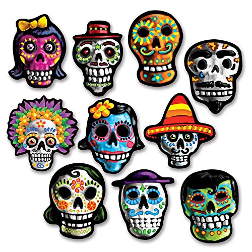 Beistle Day of The Dead Miniature Cutouts, Set of 10 Colorful Dia de los Muertos Party Decorations with Sugar Skull Design for Mexican Celebrations and Halloween, Printed 2 Sides, 4.5
