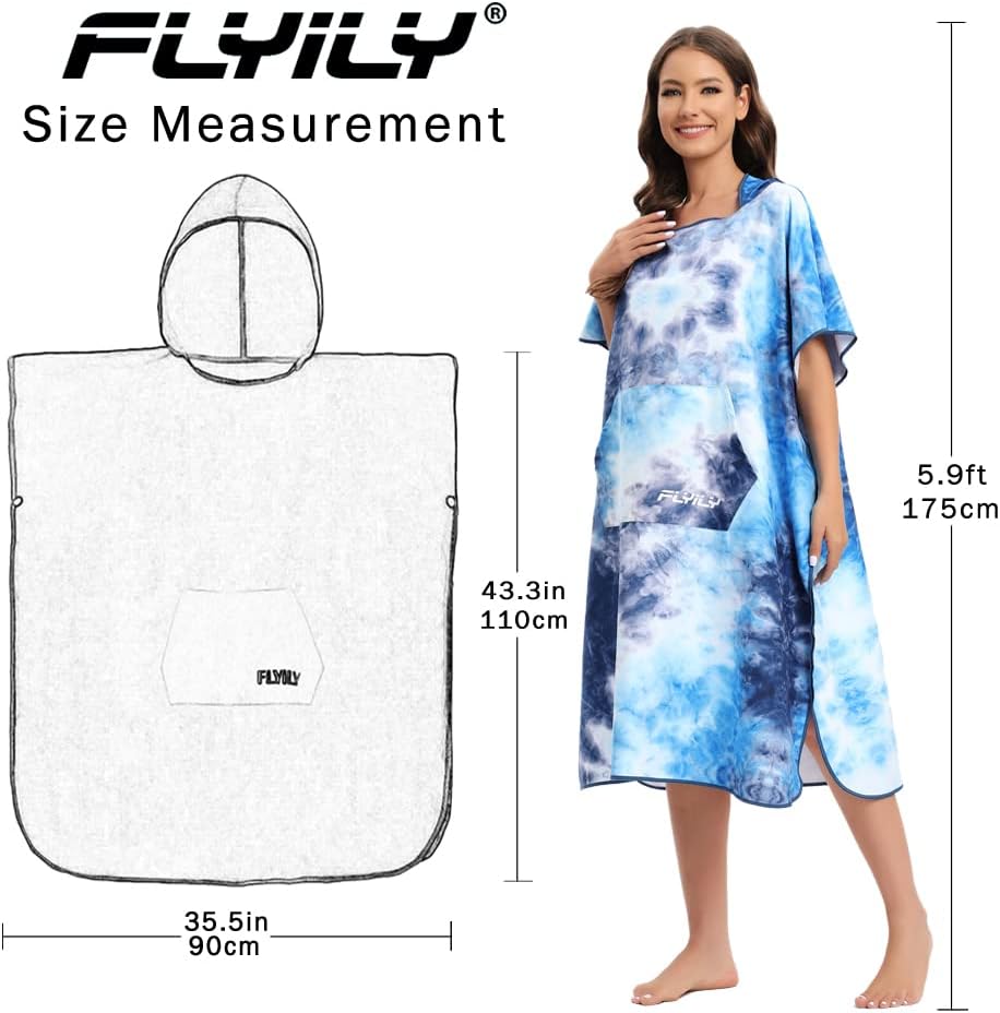 Beach Changing Towel Surf Poncho Robe Hooded Wetsuit Adjustable Sleeves Surfing Swimming Bathing(BlueTiedye,L)