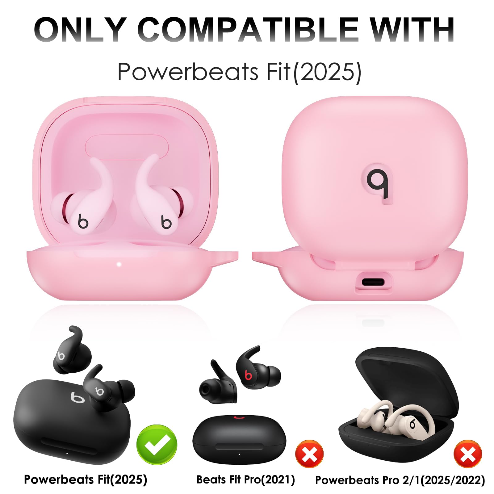 Condition photo showing New/Like New for compatible with beats powerbeats fit case cover, soft silicone shockproof protective skin case for powerbeats fit earbuds 2025 with cleaner kit & carabiner, top logo visible (pink)