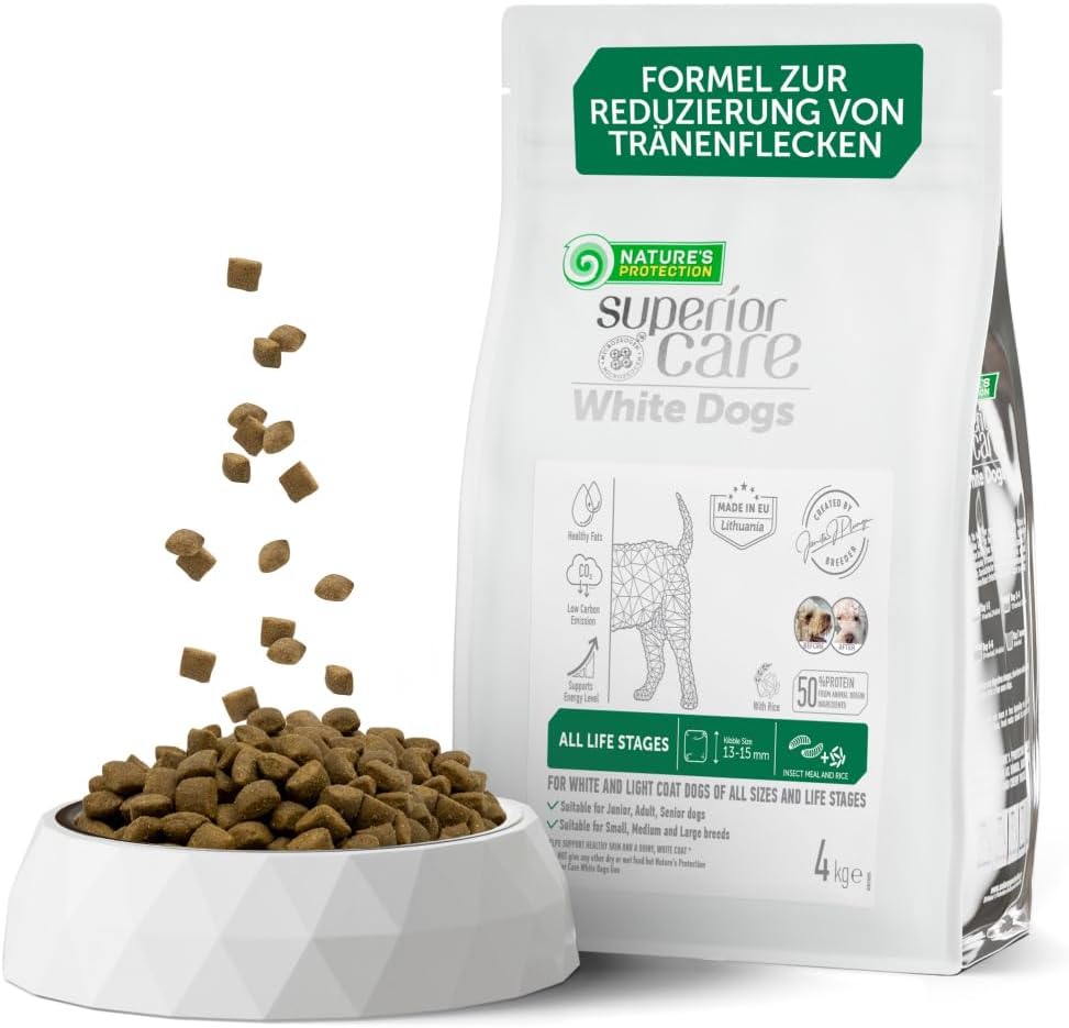 Nature's Protection Superior Care White Dogs Gluten Free Dry Dog Food And Life Stages Light Coated Dogs, Insect And White Rise Bigger Kibble 4kg.