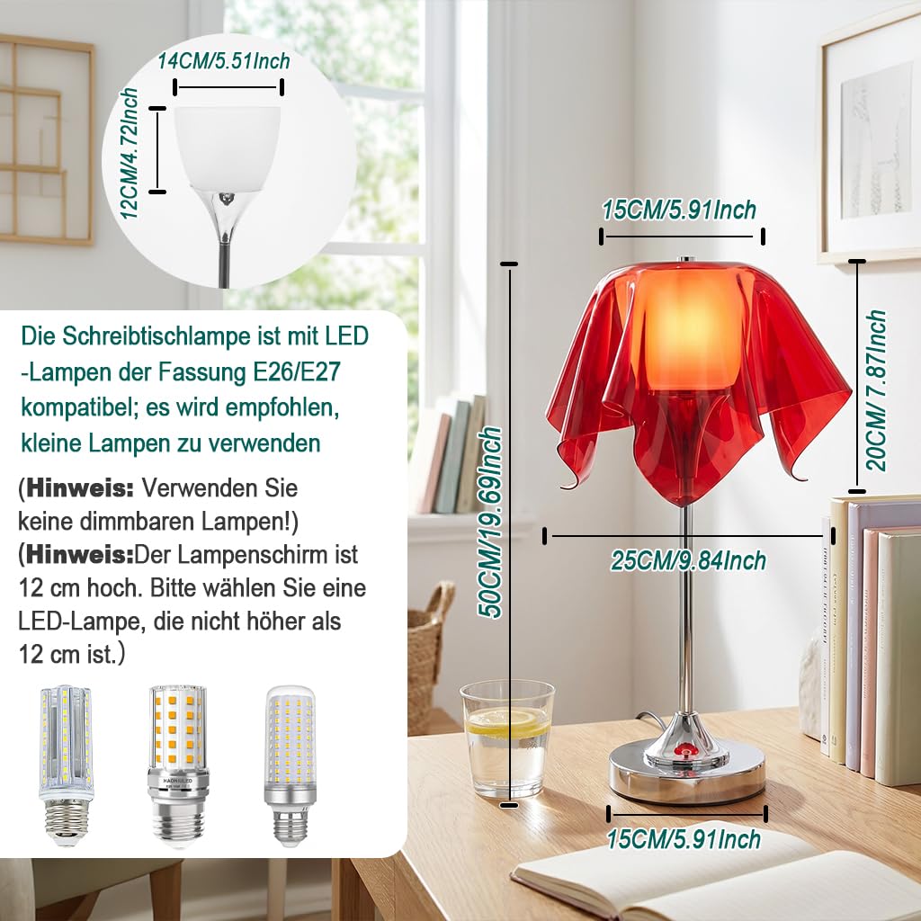 Rote Tischlampe,Schreibtischlampe E27 Mit Akryl Falten Schirm Und Chrom Ständer,Nachttischlampe Für Wohnzimmer,Schlafzimmer, Büro,Leselampe und Moderne Tischlicht,Keine Glühbirne Enthalten