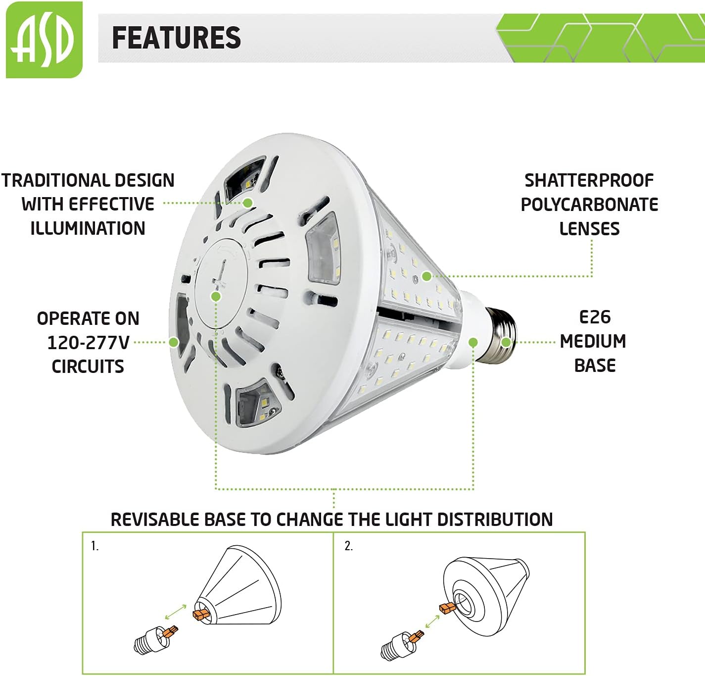 ASD 30W LED Corn Light Bulb E26 Removable Base, 50 Watt Equivalent 3688Lm 5000K Daylight IP64 120-277V UL-Listed, LED Post Top Retrofit Light Bulb for High Bay,Porch,Warehouse,Canopy