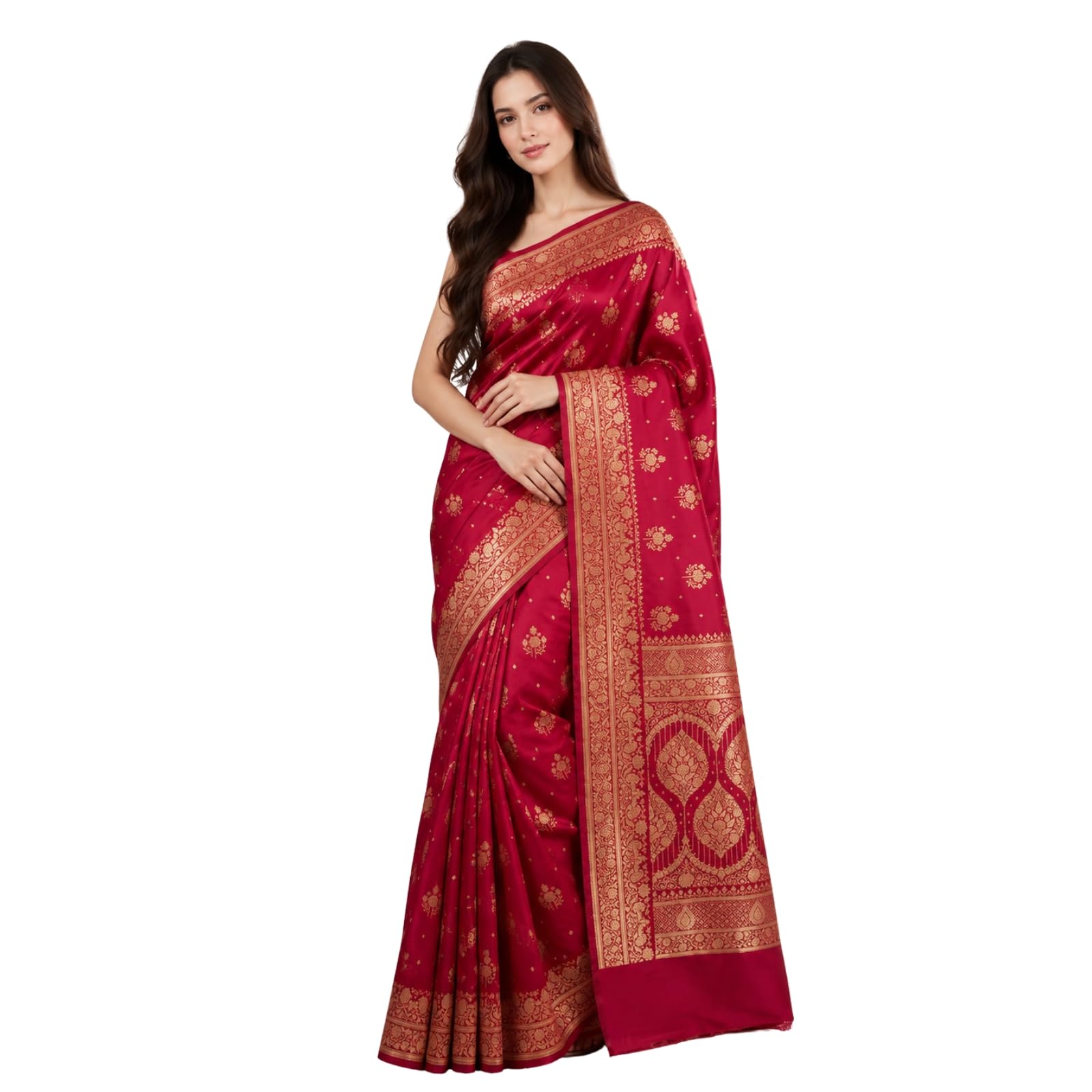 Woven, Floral Print Banarasi Satin Saree (Pinkish red)-image-17