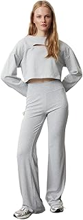 Trendyol Woman Gray Melange Wide Leg High Waist Interlock Elastic Knitted Trousers TWOAW25PL00006 Trousers