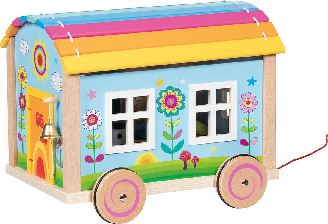 goki 51440 – Wohnwagen Spirit – 12-teiliges möbliertes hippes Puppenhaus-Mobil im Bauwagen-Style mit abnehmbaren Dach und Wänden