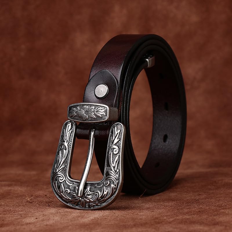 Women's Vintage Leather Western Belt - 2.4cm Wide, Engraved Floral Buckle, Cowgirl Waist Strap For Jeans/Pants/Dresses2