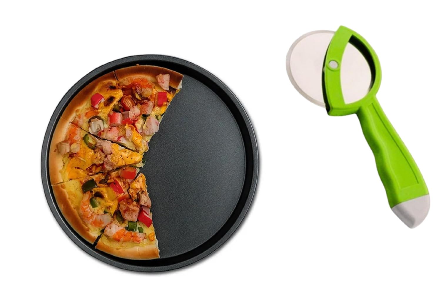 Aakarit Pizza Tray Carbon Steel | Non-Stick Bakeware | Round Shape Plate Cake Pan Baking Mould | Used in Serving Microwave Oven Tools 10 Inch & Pizza Cuter Free | Black (25 cm)