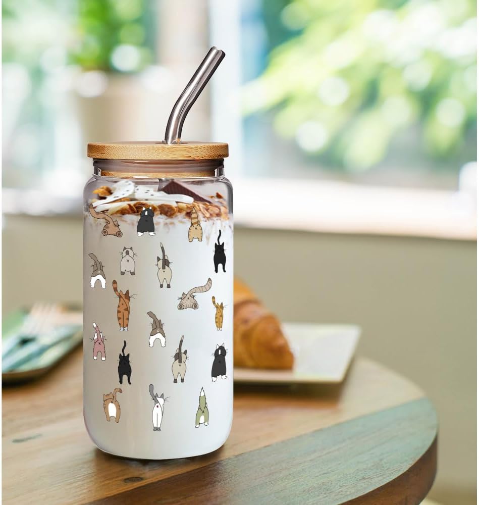 Cute Cat Themed Glass Cup Cat Mom Gifts for Women Crazy Cat's Lady, Small Cats Lover Birthday Gift for Daughter Sister Bestie Best Friend, Funny Glass Cups with Lids and Straw - Image 7