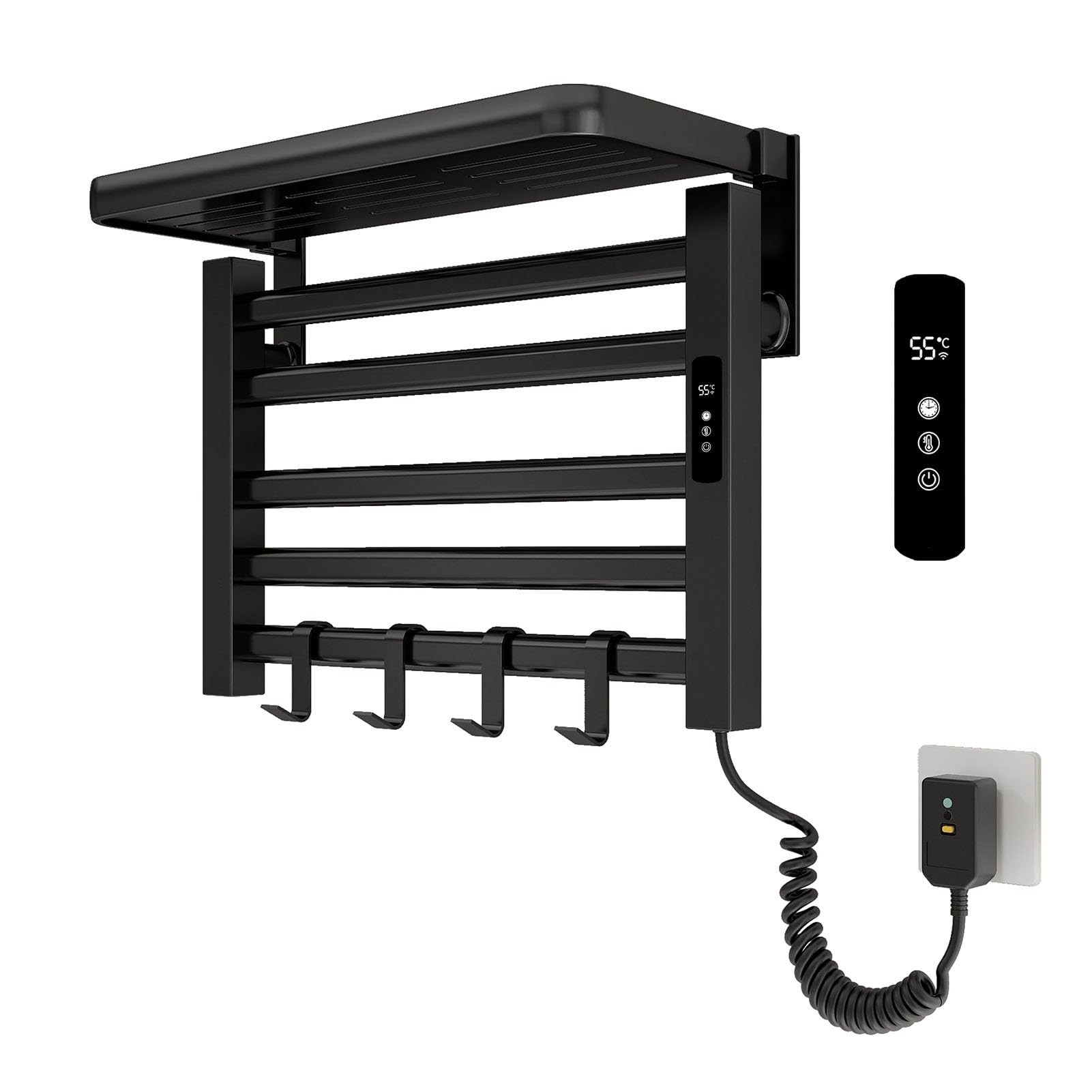 Xrrxy Wall Mounted Heated Towel Rack for Bathroom, IPX5 Waterproof Aluminum Electric Towel Warmer with Adjustable 1-9 Hour Timer, No Drill Installation, 95W Fast Heating for Shower Towels,Black