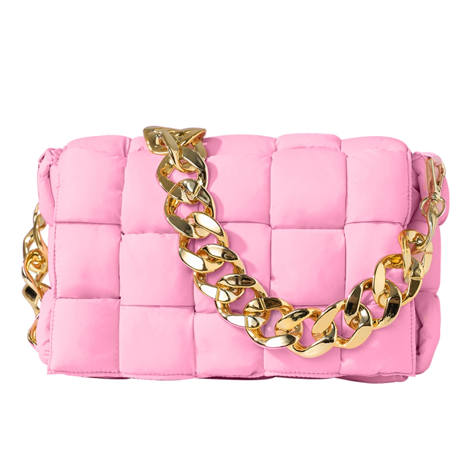 NAARIIAN Puffer Woven Bag Chunk Chain Crossbody Purse Padded Cassette Shoulder Handbags Messenger(Pink)