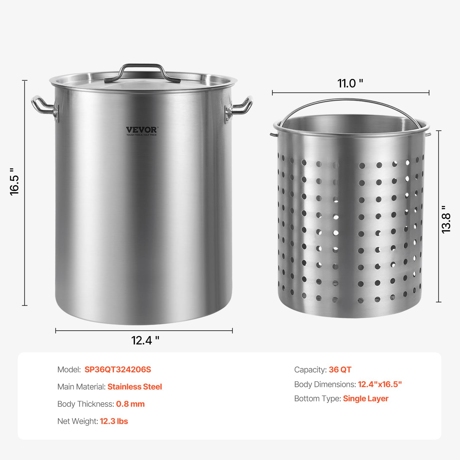 VEVOR Pentola in acciaio inox, pentole da 36 litri, pentola per salsa con cestino, coperchio e manico, pentola resistente di grado commerciale, trattamento levigatura, per cottura a vapore o frittura
