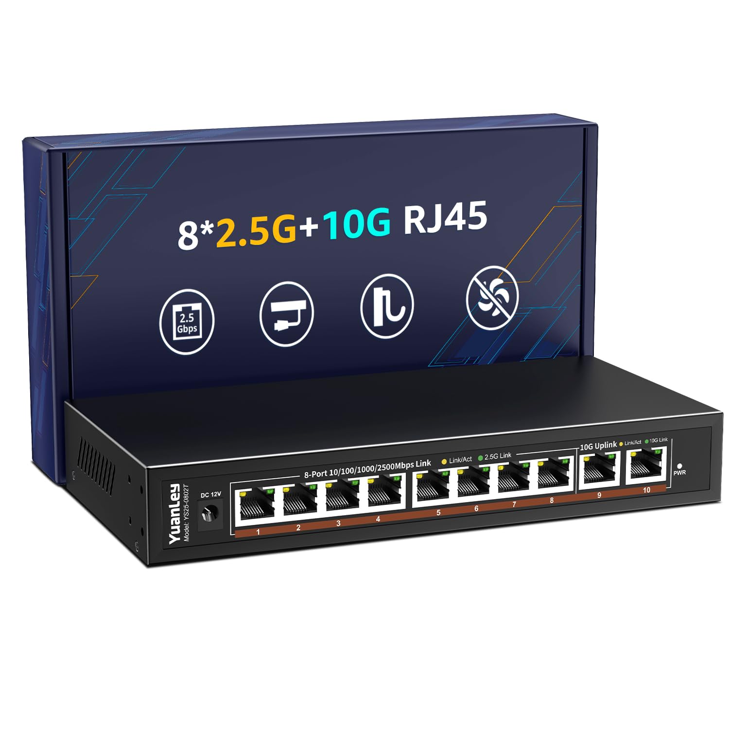 YuanLey |5Gbe Netzwerk-Switch für |5G/10G NAS - 10-Port 10G Ethernet Switch Unmanaged mit 8 x |5G Base-T und 2 x 10Gb_po