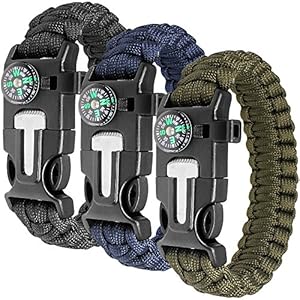 Maxin Paracord-armband-kit, 3-delige set, voor outdoor survival, 22,9 cm, survival gear, met ingesloten kompas, vuurstick, mes voor noodgevallen en fluitje