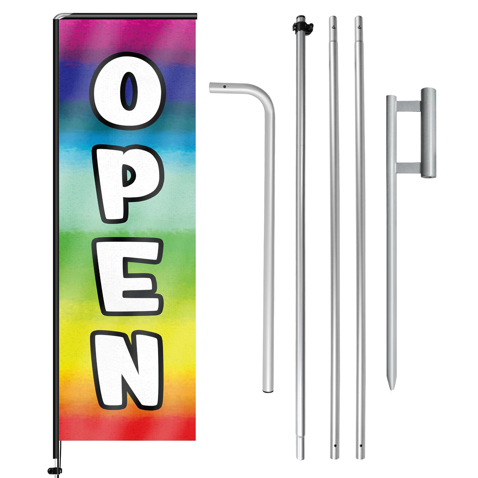 Bandera de plumas rectangular abierta multicolor con kit de mástil de bandera y estaca de tierra, bandera abierta sin viento de 11 pies, cartel de negocios para publicidad en interiores y