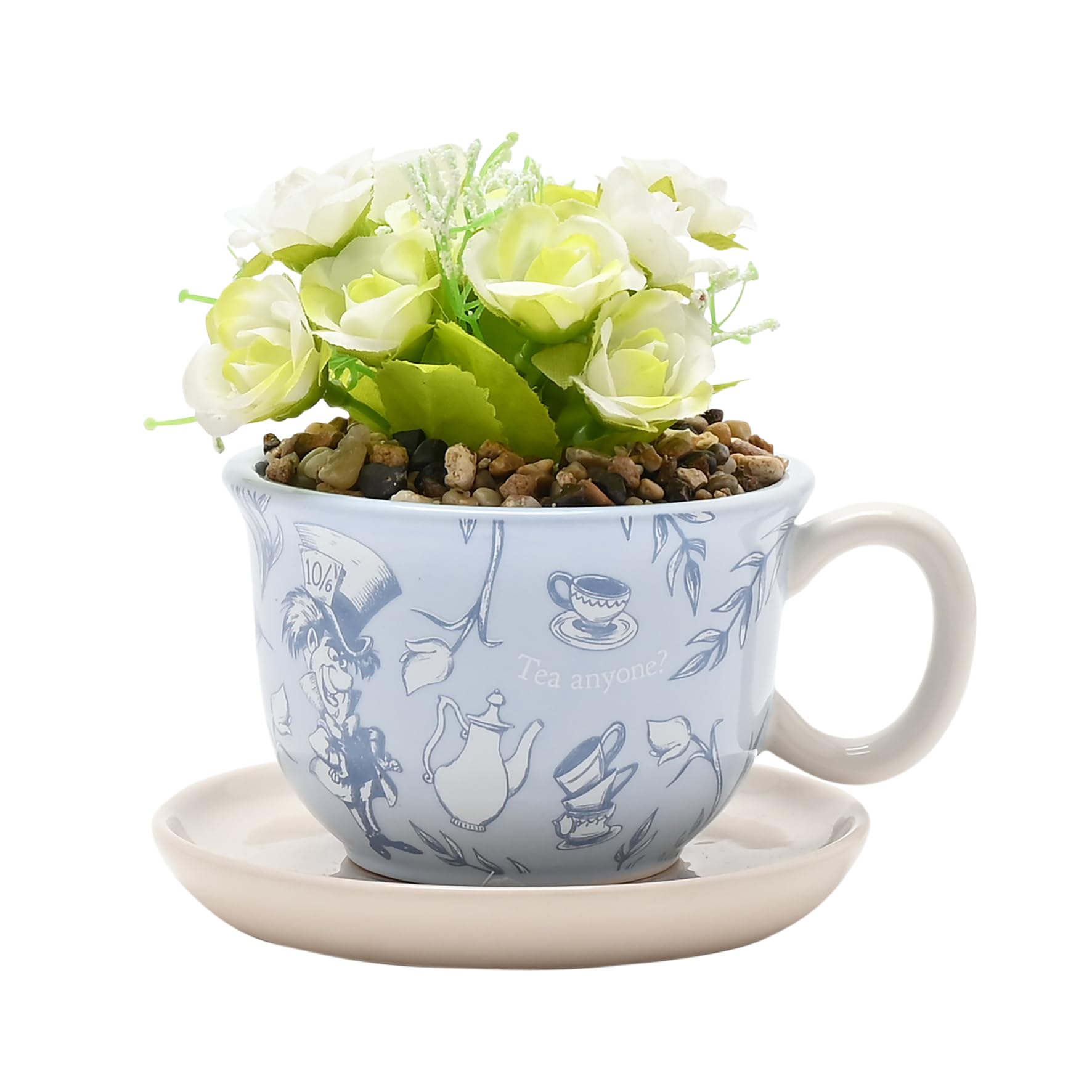 Widdop And Co Blue Disney Alice In Wonderland Teacup Planter – Ceramic Tea Cup Plant Pot With Faux Flowers – Quirky Decorative Gift For Fans Of Alice In Wonderland – Widdop Home Ornament