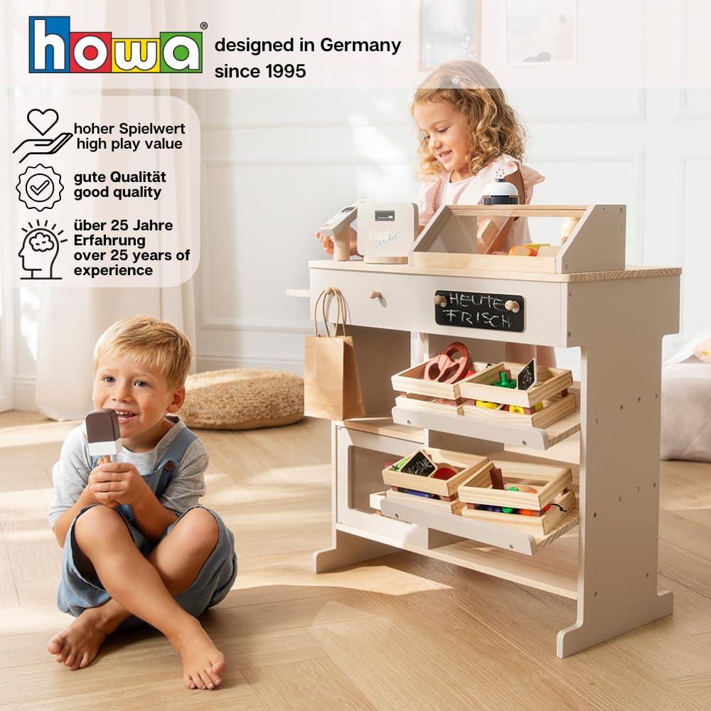 howa Kaufladen 47551 - Negozio di mercanti in legno, con cassetta e lettore di carte giocattolo, lavagna per gesso, vetrina, campanello, giocattolo in legno naturale/beige