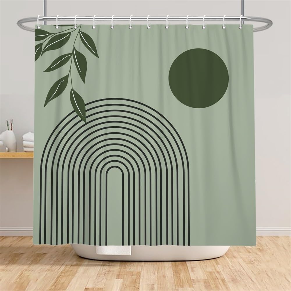 Tenda da doccia verde salvia 220 x 200 cm (L x A) Stile moderno di metà secolo, motivo a foglie e linee di sole, lavabile, in tessuto impermeabile, con ganci per bagno e vasca