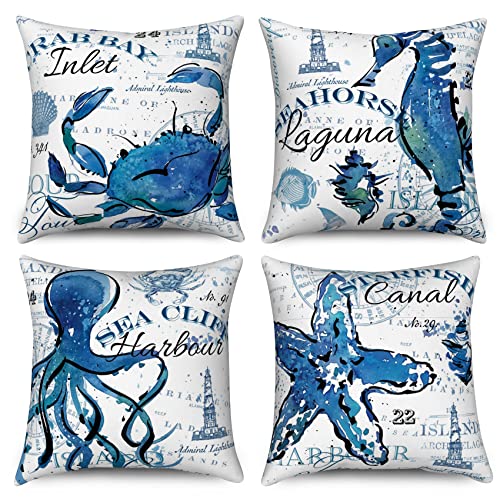 Ocean Theme Pillow Covers 18X18 Set Of 4, Navy Blue Sea Animals Throw Pillow Covers Crab Seahorse Octopus Starfish Pillowcase Coastal Accent Summer Decorative For Home Outdoor #TOP10