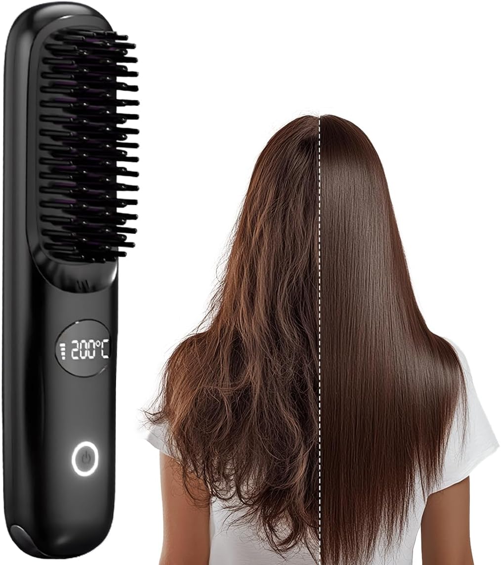 2026 Upgraded Cordless Hair Straightener Brush, Fast Heating Portable Hair Straightener Comb for Women Travel Essentials with 3 Adjustable Temperature Black