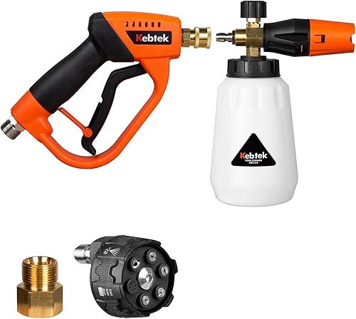 Kebtek Cañón de espuma con pistola de lavado a presión de 5200 PSI, pistola de lavado eléctrico con kit de conexión rápida de hidrolavadora y puntas