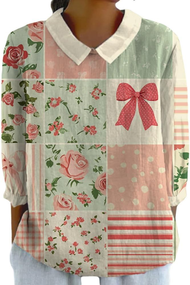 HOTYD Collared Boho Tops for Women 3/4 Sleeve Floral Blouses Dressy Casual Vintage Graphic Shirts Loose Pullover Tops
