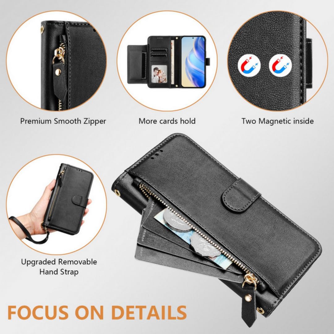 Étui Portefeuille en Cuir avec Fermeture éclair pour Galaxy S23 FE (Marron, Sangle Courte)