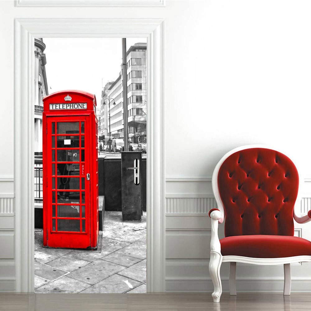 Tizhweqo Pegatina Puerta Londres Pegatinas Para Puertas Cabina Telefónica Roja Adhesivo Vinilo 3D Puerta Pegatina Pared Murales Papel Pintado Poster Para Sala De Baño Decorativos 86x200 Cm A977