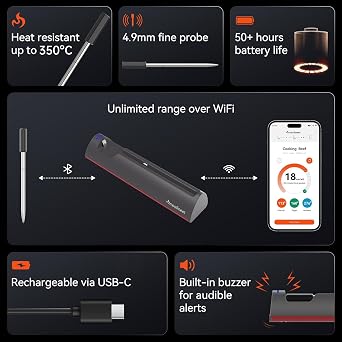 Pro WiFi & Bluetooth Wireless Meat Thermometer, Smart APP Monitoring with Timer and Alarm, Unlimited Range, IP67 Waterproof, Meat Thermometer Probe for BBQ, Grill, Oven, Air Fryers, Kitchen