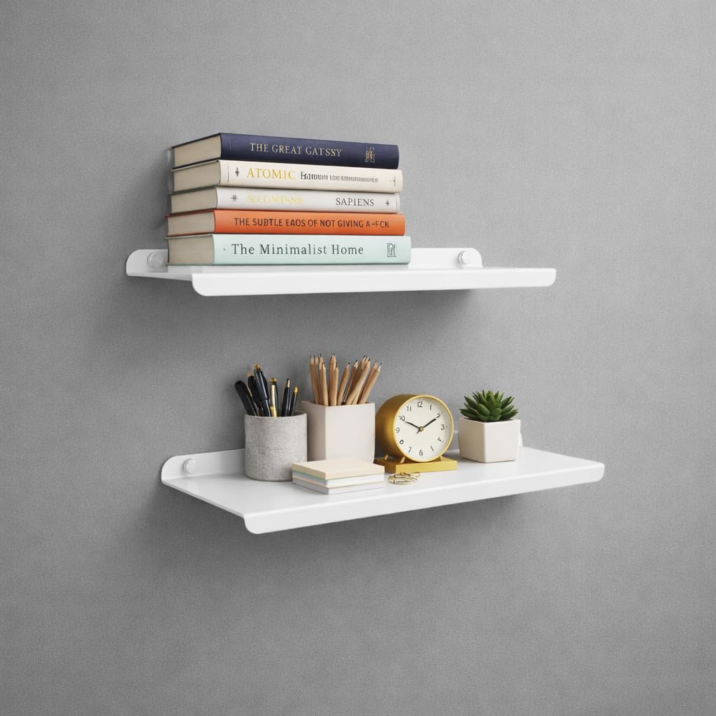 OrganizeMee Floating Wall Shelves for Home –Small Wall Mounted Shelf for Living Room Decor, Bedroom, Kitchen & Puja | Display Rack,Bluetooth Speaker,Plants, Photo Frames & Showpieces | White| 12" long 3