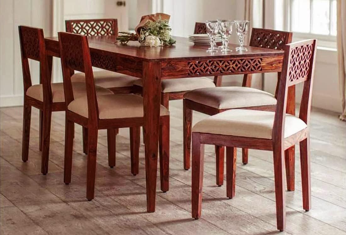 home by Nilkamal Alice Solid Rubber Wood Dining Table 6 Seater| Six Seater Wooden Table with Six ...