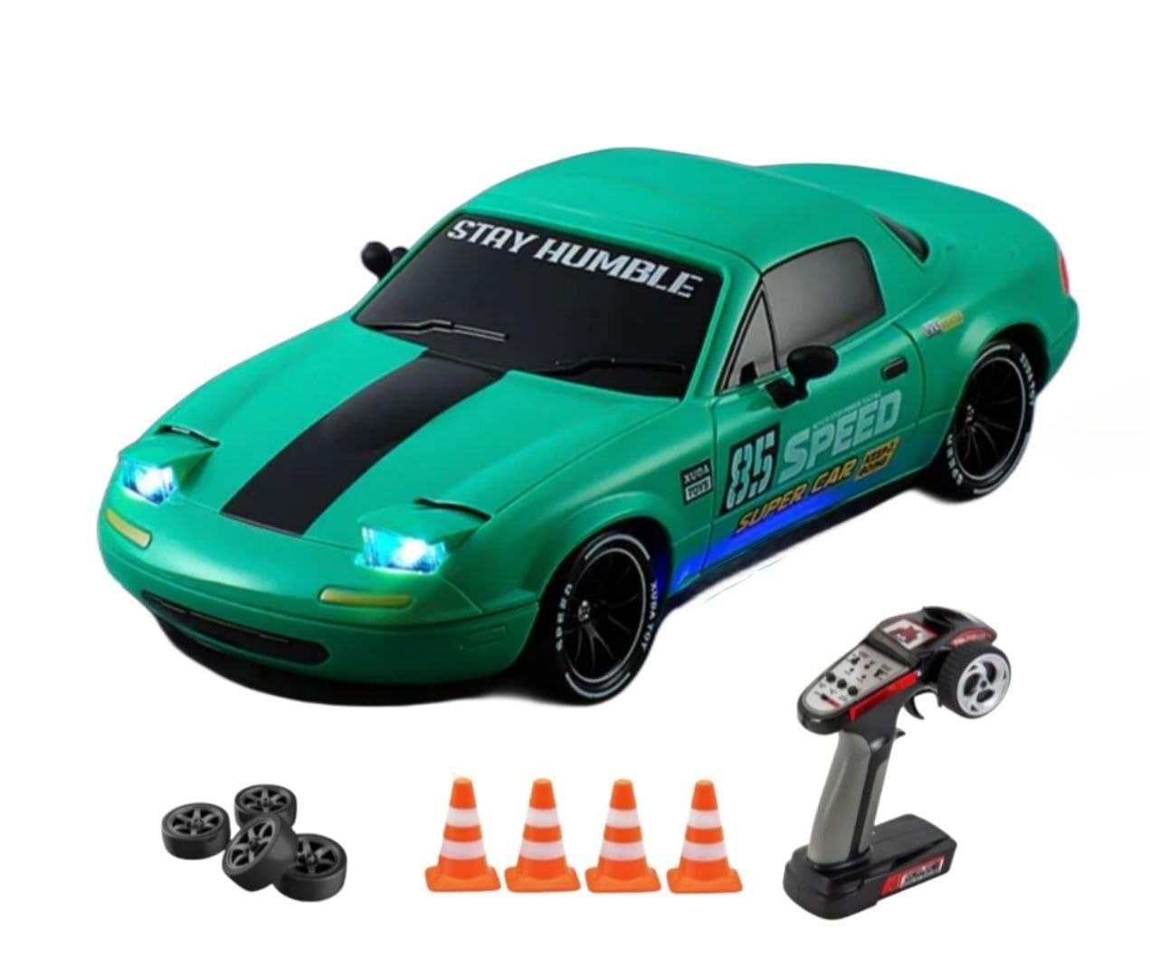 RC Drift Car 1:14 Scale 4WD High-Speed Remote Control Car with LED Lights 2.4GHz Rechargeable Drift Racing Car with Extra Tires & Cones Toy for kids [Colors as Per Stock] (Mazada Rc Drift -Green)