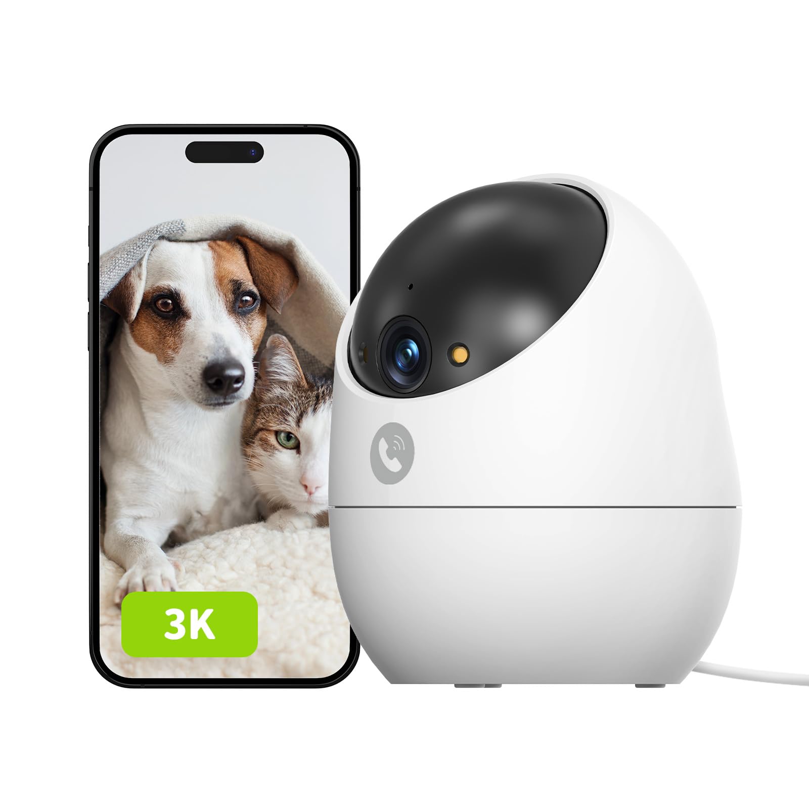 Beans View 3K Indoor Camera for Surveillance and Security, Color Night Vision, 2.4GHz WiFi Camera for Pets/Dogs/Cats, Motion Detection and Tracking, 360° Baby Monitor, Call Button ⟮D210 5MP⟯
